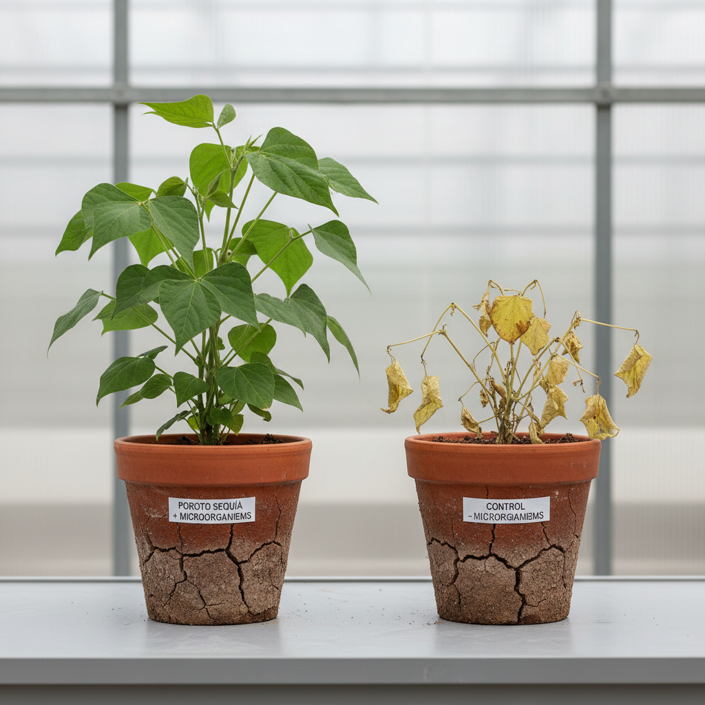A side-by-side photographic realism comparison of two potted common bean plants grown in identical, visibly dry soil. On the left, a ‘poroto sequía’ plant treated with beneficial soil microorganisms appears vigorous, with upright stems and lush green leaves. On the right, a control plant without microorganisms shows drooping stems and yellowing foliage. The pots rest on a clean, neutral lab bench with a softly blurred background of a greenhouse structure. Bright, diffused daylight filters through translucent panels, creating even illumination and soft shadows beneath the pots. Captured at eye level with both plants in sharp focus, the composition emphasizes the contrast in plant health, conveying a clear, educational message about microbial support in drought conditions.
