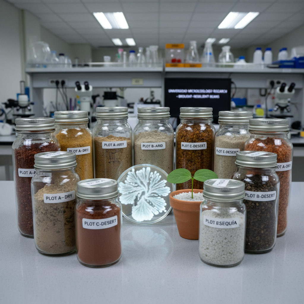 A tidy laboratory bench in photographic realism featuring an array of labeled soil sample jars from different dryland plots, each filled with distinct textures and colors of soil. In the center, a transparent Petri dish displays a colony pattern representing beneficial soil microorganisms, positioned beside a small potted ‘poroto sequía’ seedling in sterile substrate. The bench surface is smooth and light-colored, with a blurred background of scientific equipment and shelves to keep focus on the samples. Cool, even overhead lab lighting creates minimal shadows, emphasizing cleanliness and precision. Shot from a slightly elevated angle with balanced composition, the atmosphere feels professional, rigorous, and organized, ideal for communicating university-level microbiology research on drought-resilient beans.
