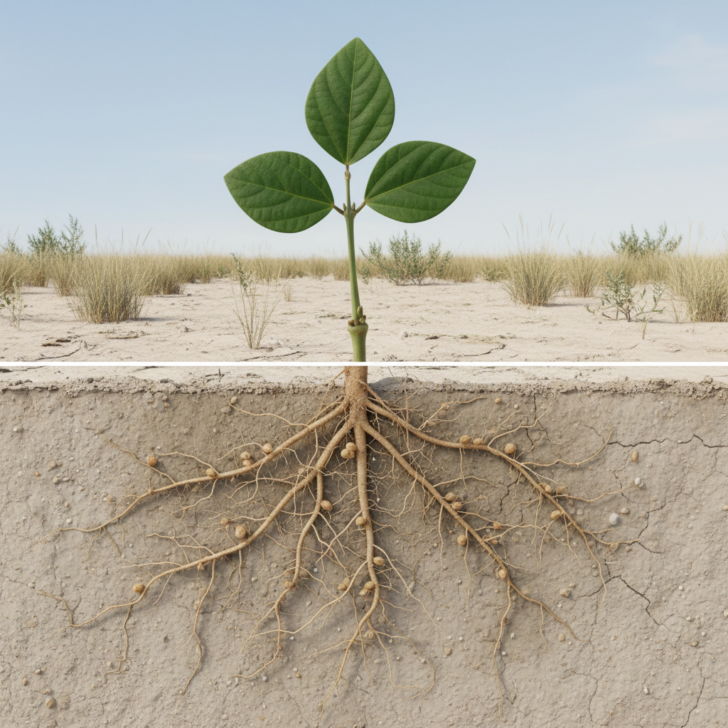 An underground cross-section view in photographic style showing the root system of a ‘poroto sequía’ bean plant penetrating dry, sandy soil. The roots are detailed, with small rounded nodules where soil microorganisms live, surrounded by fine root hairs clinging to soil particles. Above ground, the stem and a few resilient green leaves emerge into a bright, arid landscape with sparse vegetation. Soft, diffused daylight illuminates both the surface and underground layer, revealing soil structure and subtle moisture gradients. The mood is analytical yet optimistic, with a clean, modern research aesthetic. The composition is horizontally split between soil and air, captured with sharp focus throughout to highlight scientific detail for an educational context.