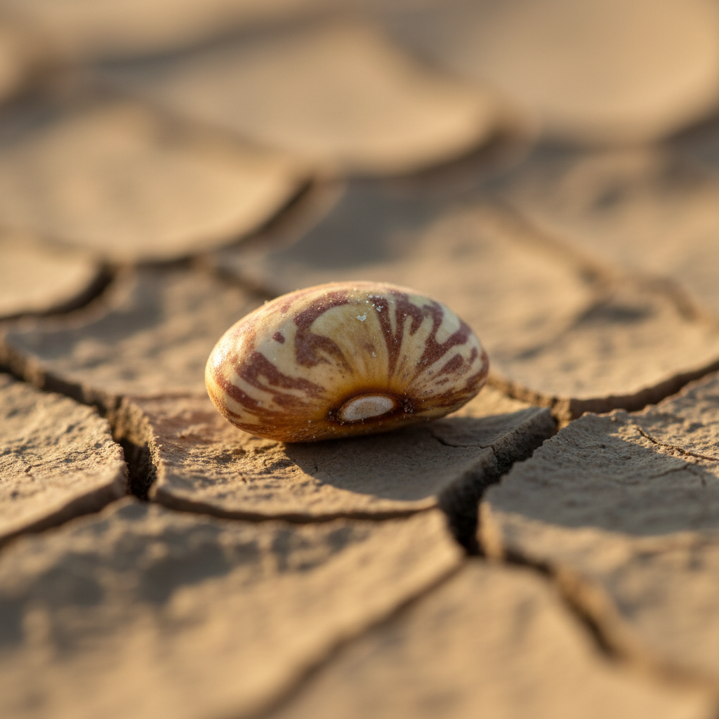 A high-detail, photographic-style macro image of a single ‘poroto sequía’ bean seed resting on dry, cracked soil. The seed coat displays subtle marbling and natural color variations, with a faint, delicate texture visible on its surface. Fine grains of dust cling to the seed, emphasizing the harsh environment it faces. Soft, directional natural light from one side creates gentle highlights on the seed and deep shadows in the soil fissures, adding depth and drama. The background falls into a smooth, muted blur to keep attention on the seed as a symbol of resilience and scientific inquiry. Framed tightly with a shallow depth of field, the mood is contemplative, precise, and quietly optimistic.
